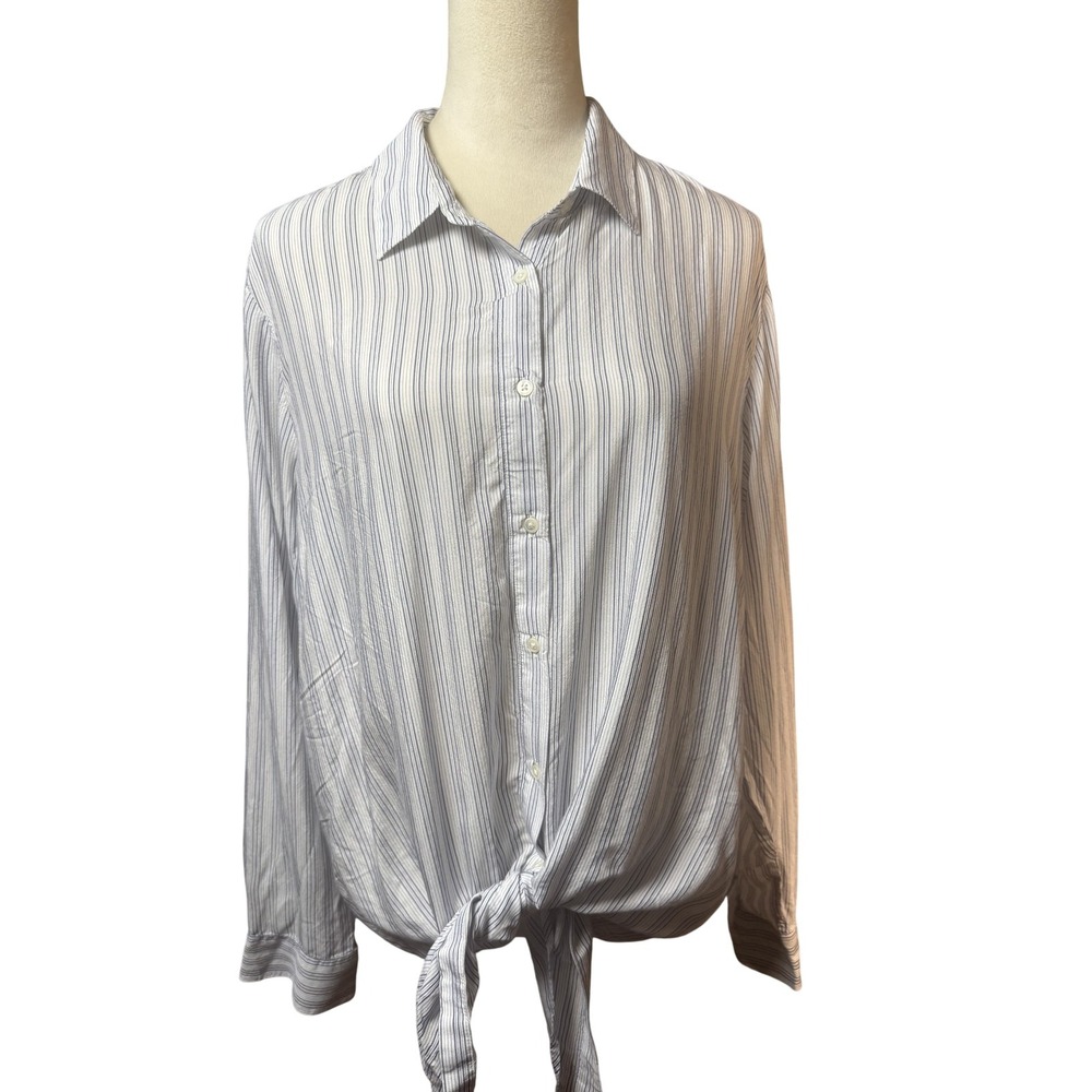 Banana Republic Shirt Womens XL Blue White Striped Button Down Tie Front Top‎